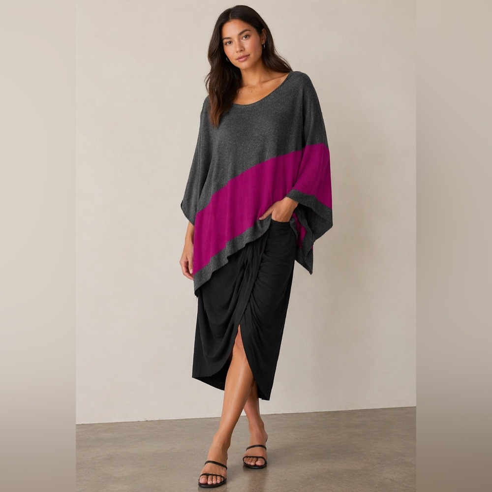 INC International Concepts Gray Pink Colorblock Poncho Sweater L XL